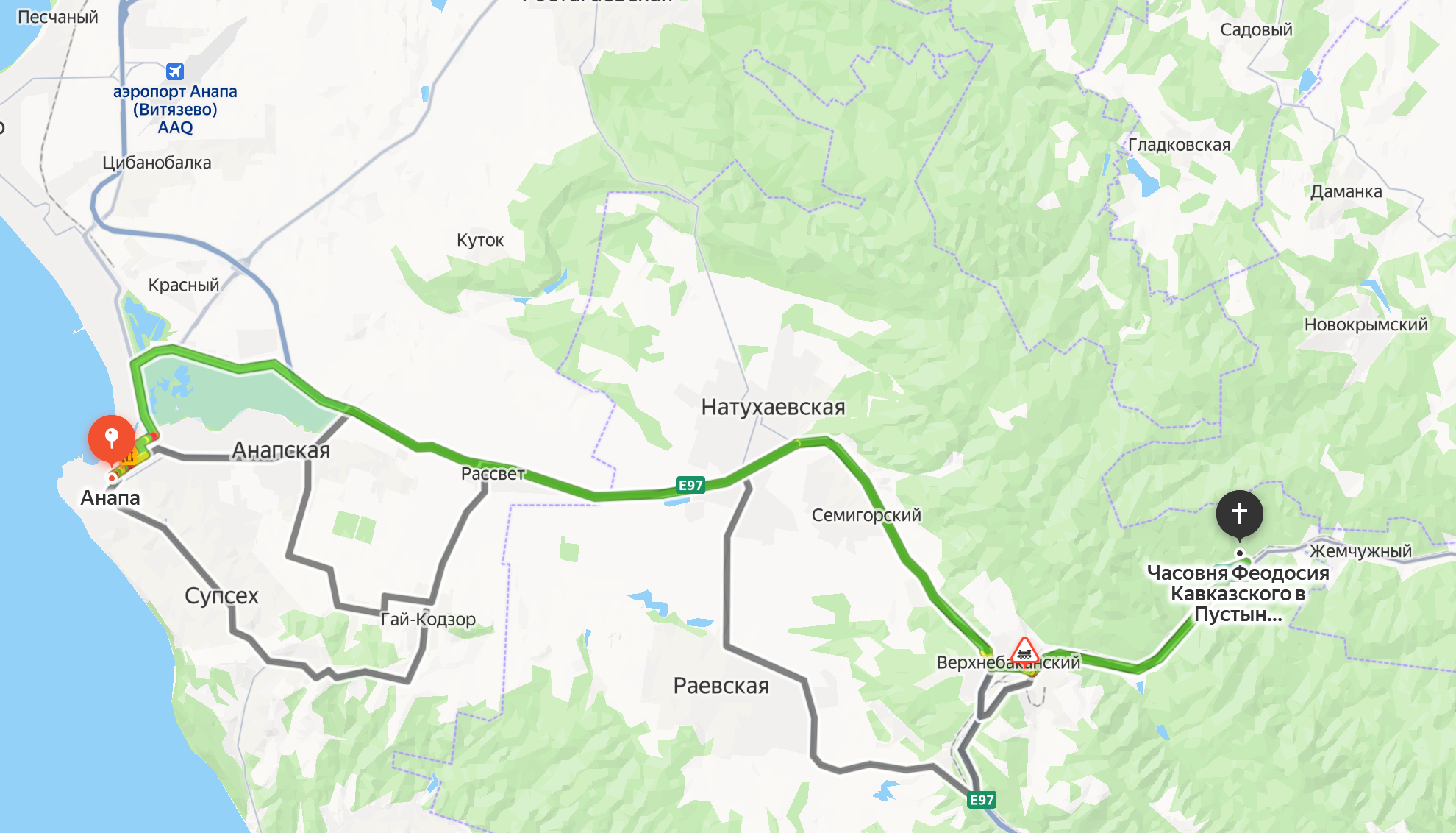 Карта проезда от Анапы до пос. Горный - Пустынь Феодосия Кавказского
